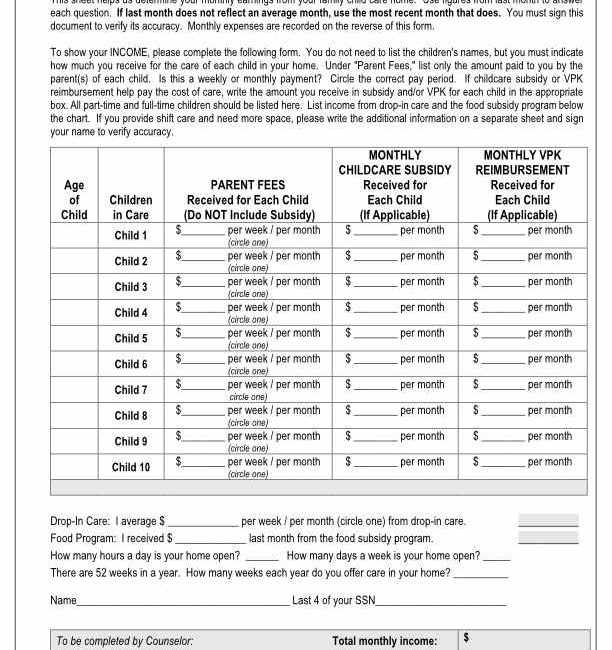 Early Childhood Educator Incentives Florida Monthly Income Worksheet